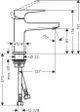 Einhebel-Waschtischmischer von Hansgrohe mit Hebelgriff für Handwaschbecken. Abgebildet sind Maße und Anschlussdetails in technischer Zeichnung.